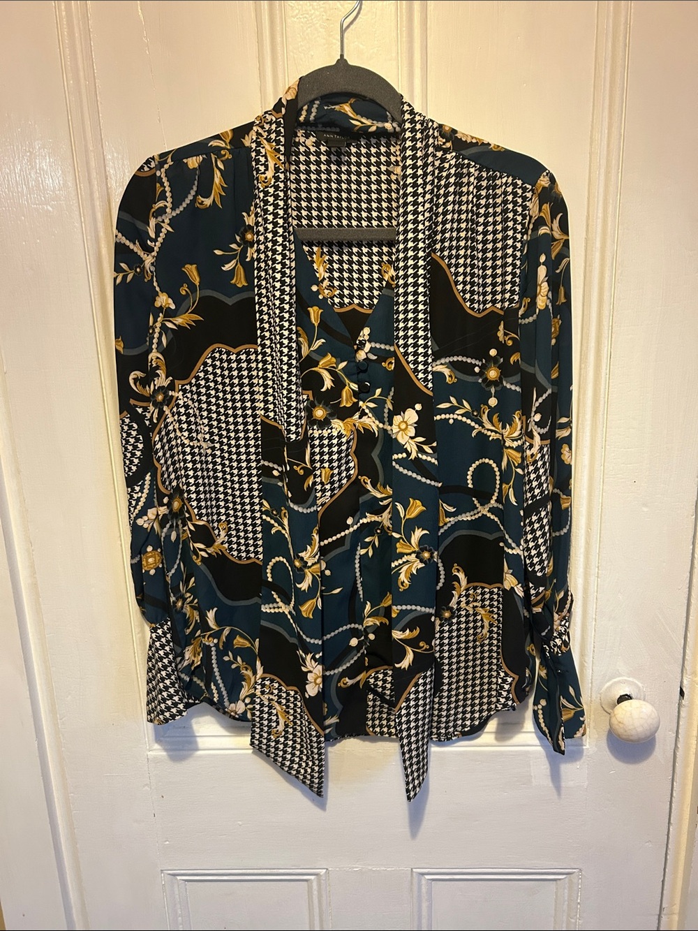 Ann Taylor Black, Teal & Gold Patterned Blouse